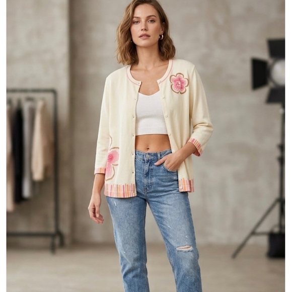 Sweaters - Cream Cardigan with Pink Floral Appliqué size M